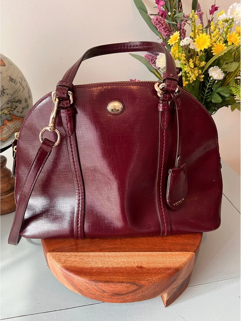 COACH Burgundy Saffiano Leather Peyton Cora Domed Satchel & Crossbody Bag F25671